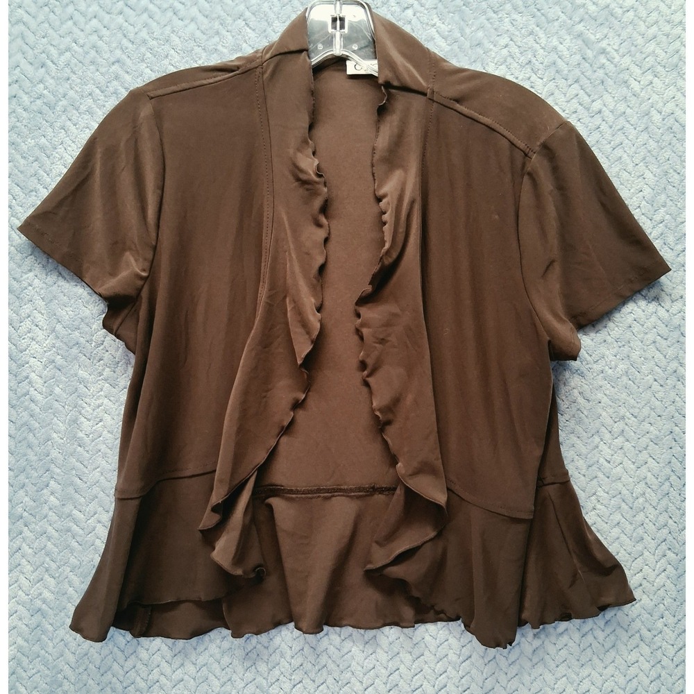 Cato Brown Ruffle Open Front Cardigan Short Sleeve Peplum Hem Size Large